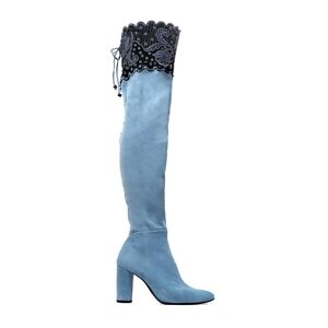Elegant Blue Over-the-Knee Boots with Lace Trim